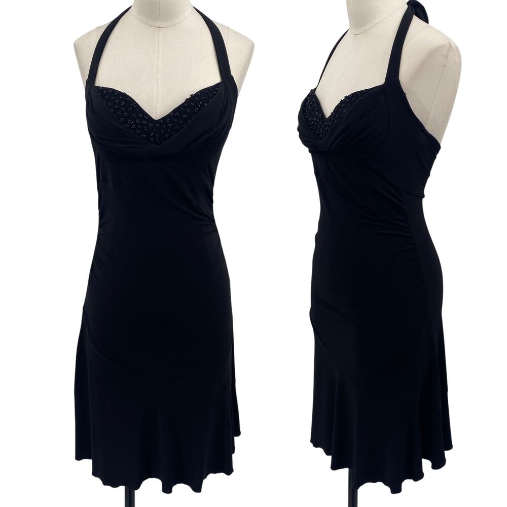 Vintage Y2k Beaded Sweetheart Halter Mini Dress Draped Fit & Flare Black 0 XS